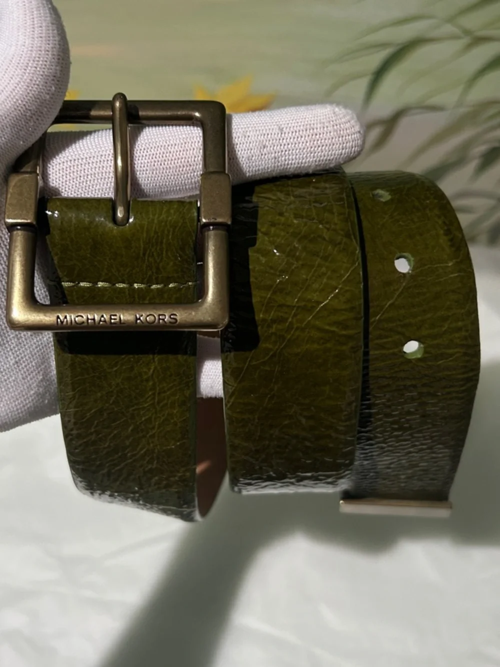 Michael Kors Olive Green Wide Crinkle Patent Leather Belt with Brass Buckle